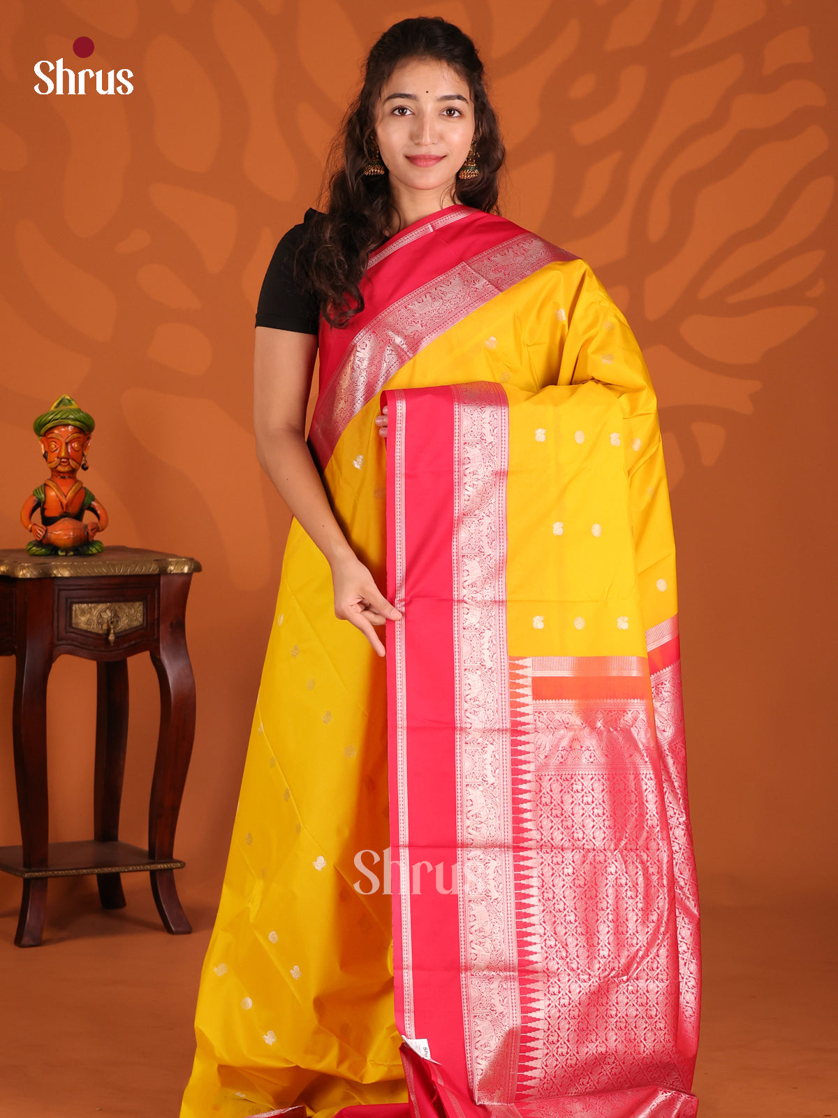 Yellow & Red - Semi Kanchipuram Saree - Shop on Shrus.com