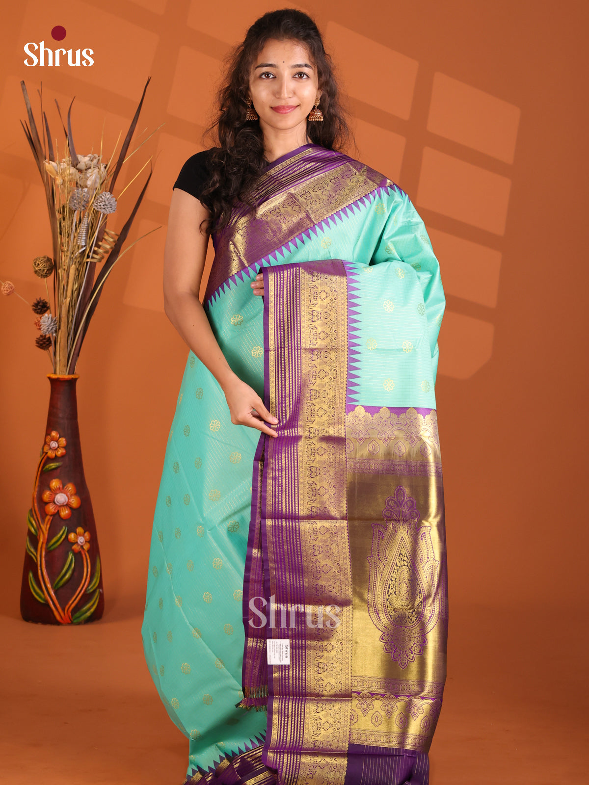 Teal & Violet- Korvai Semi Kanchipuram Saree - Shop on Shrus.com