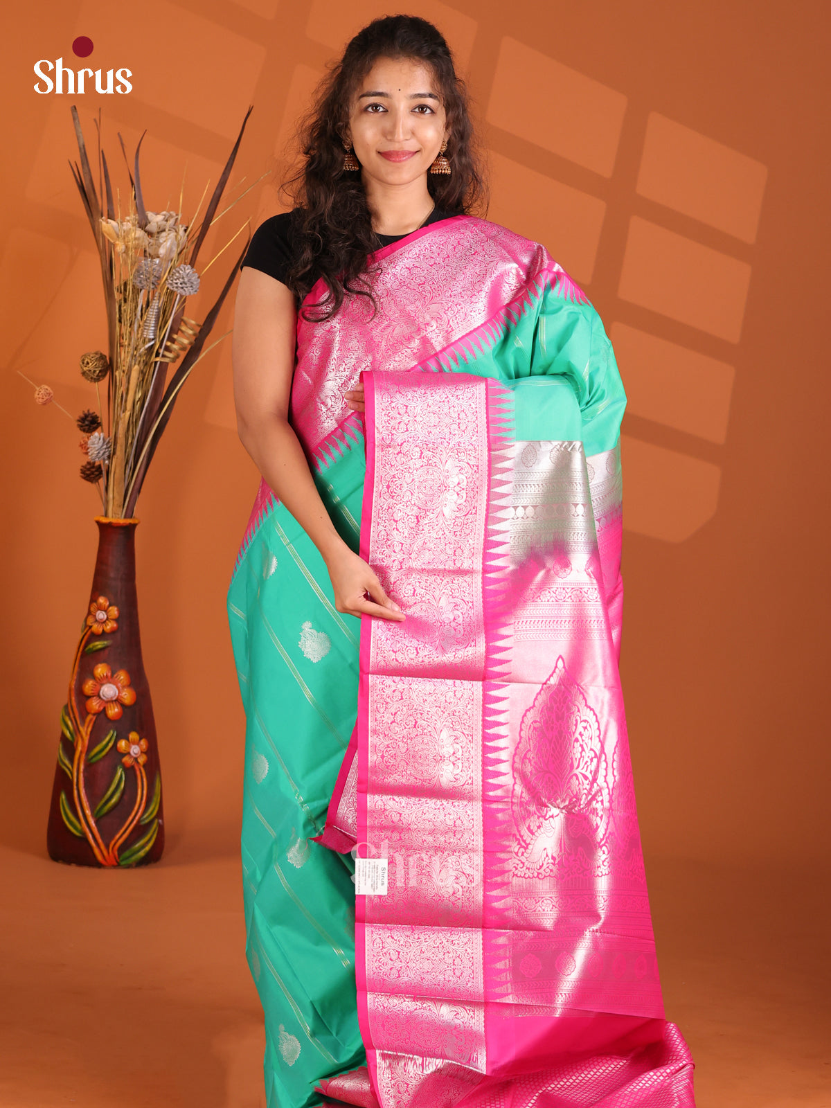 Teal & Pink - Korvai Semi Kanchipuram Saree - Shop on Shrus.com