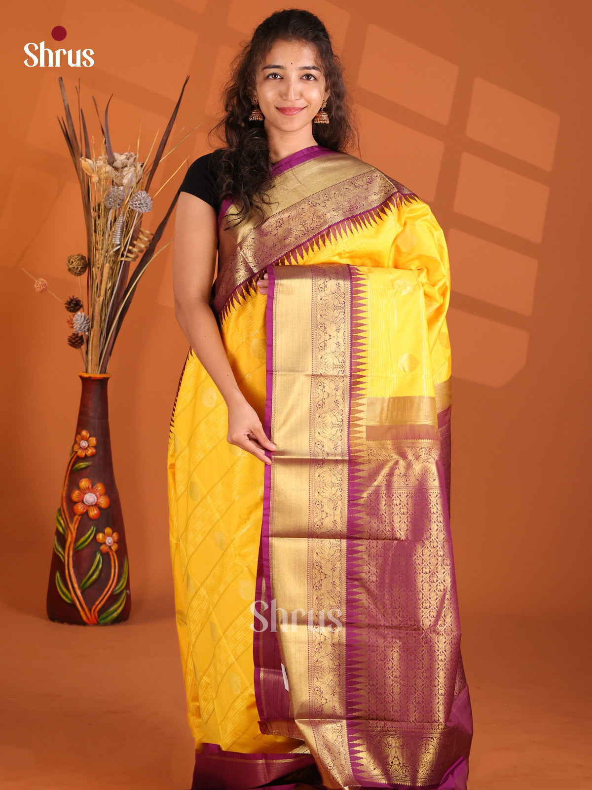 Yellow & Purple - Korvai Semi Kanchipuram Saree - Shop on Shrus.com