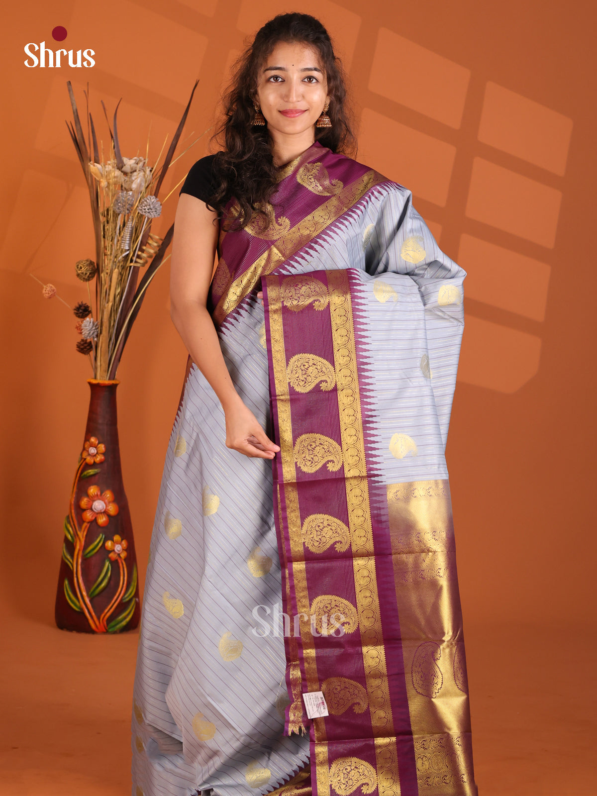 Grey & Violet - Korvai Semi Kanchipuram Saree - Shop on Shrus.com