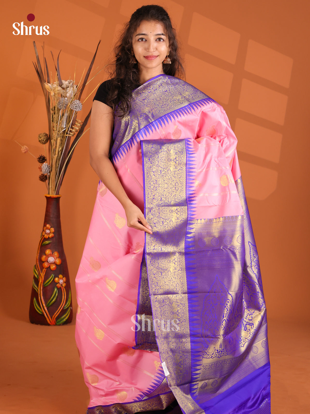 Pink & Blue- Korvai Semi Kanchipuram Saree - Shop on Shrus.com