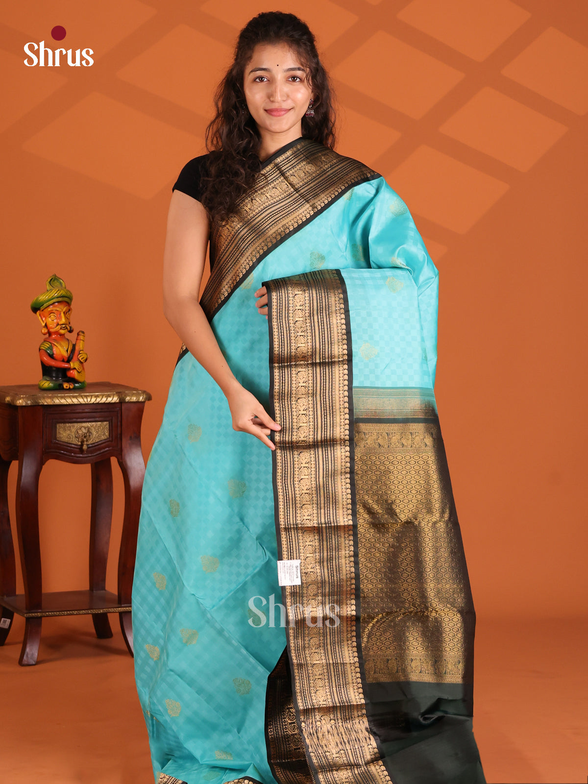 Sky Blue & Green - Kanchipuram-halfpure Saree