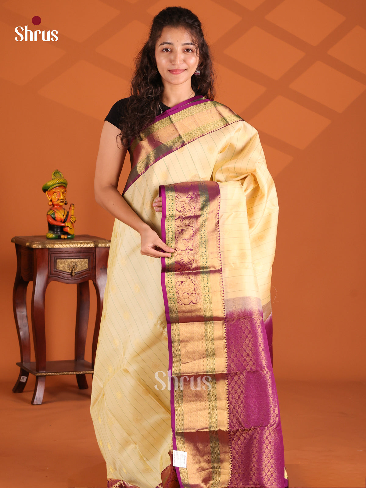 Cream & Purple - Kanchipuram-halfpure Saree - Shop on Shrus.com