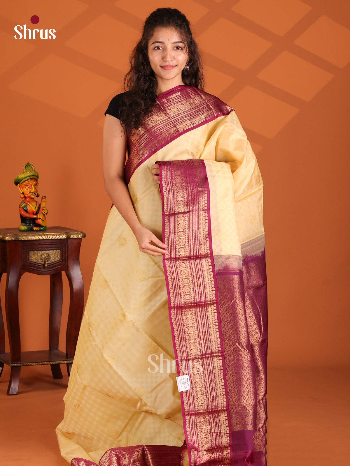 Pale Yellow & Maroon- Kanchipuram-halfpure Saree - Shop on Shrus.com