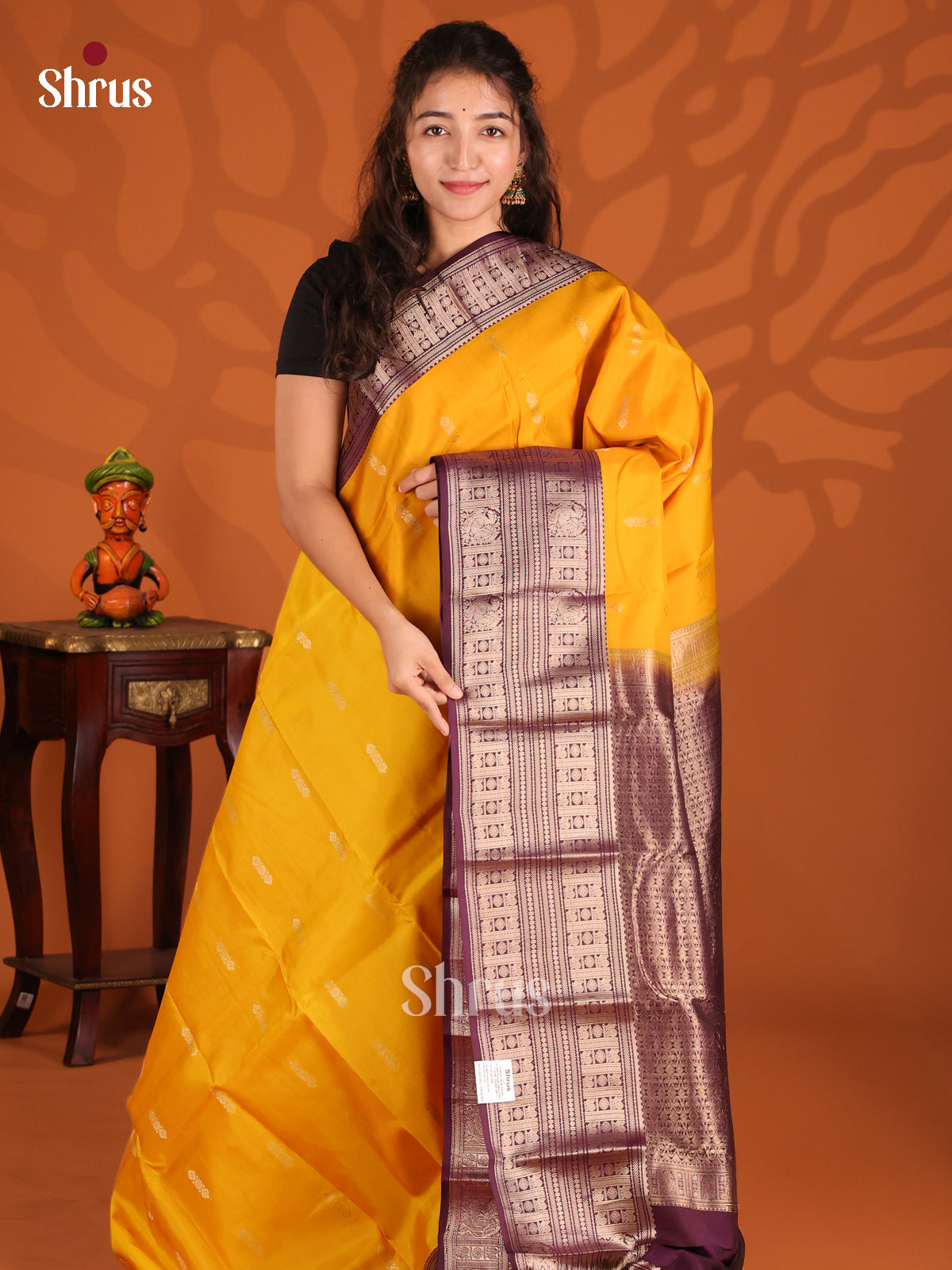 Yellow & Brown - Kanchipuram-halfpure Saree - Shop on Shrus.com