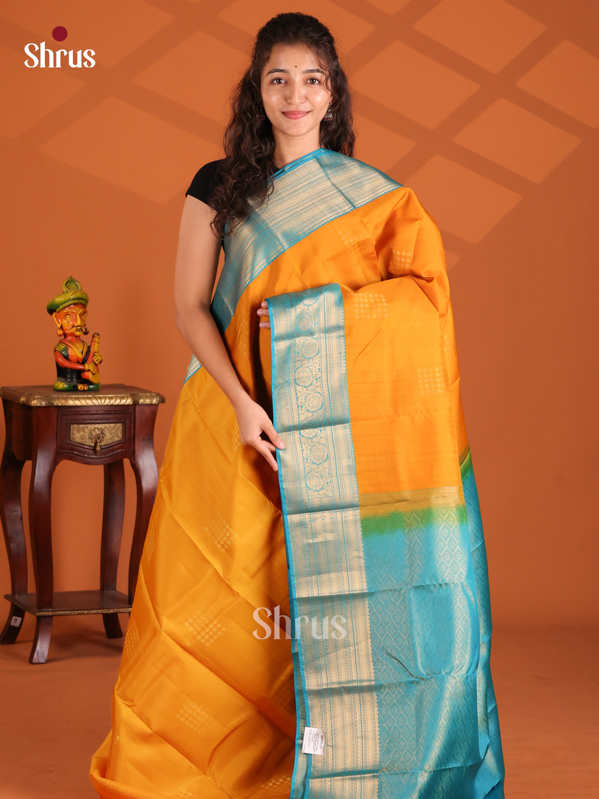 Mustard & Teal - Kanchipuram-halfpure Saree - Shop on Shrus.com