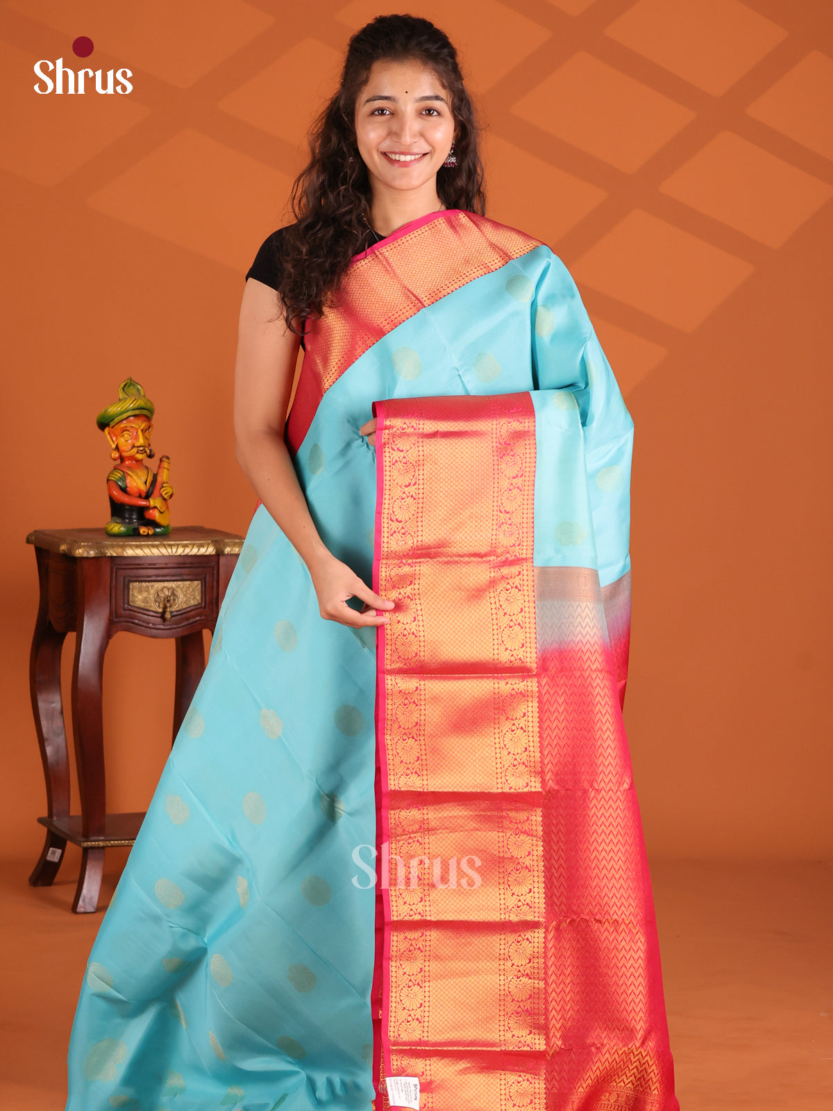 Sky Blue & Red - Kanchipuram-halfpure Saree