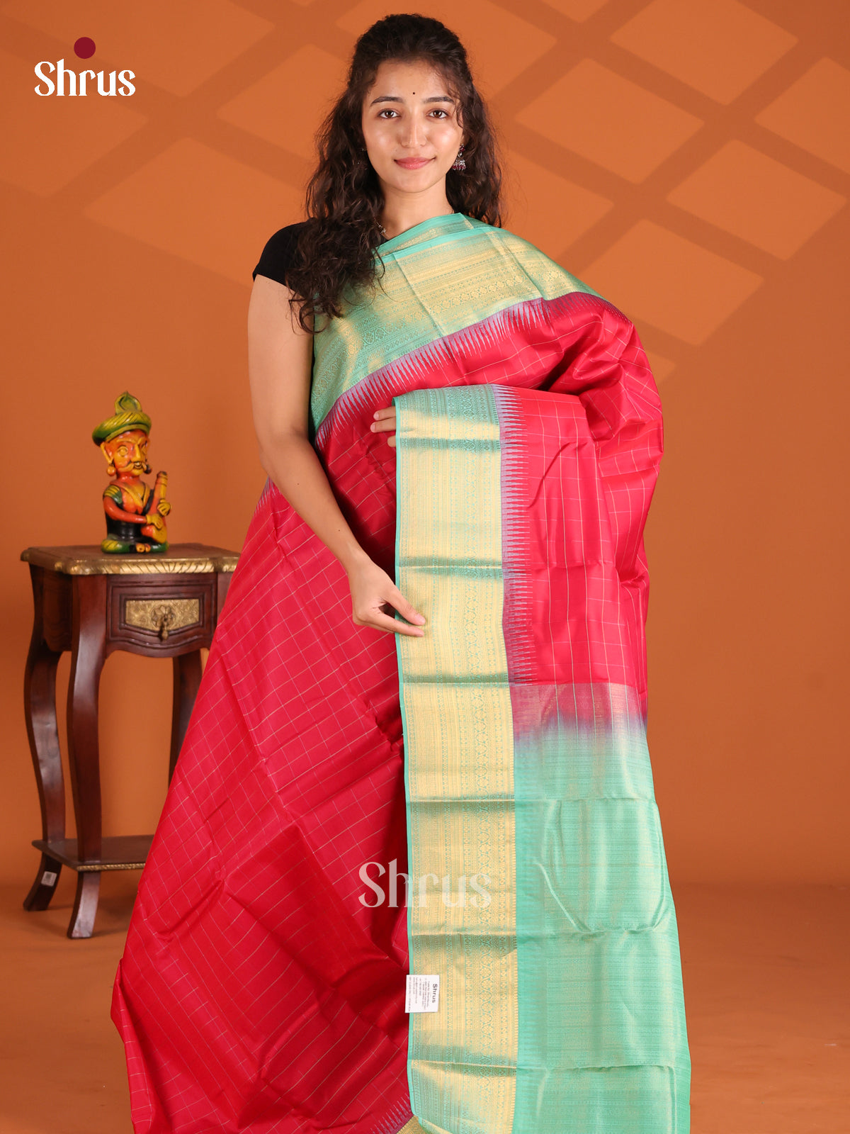 Red & Teal - Kanchipuram-halfpure Saree - Shop on Shrus.com