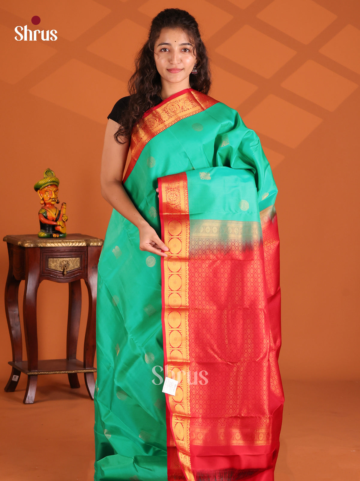 Teal & Red - Kanchipuram-halfpure Saree