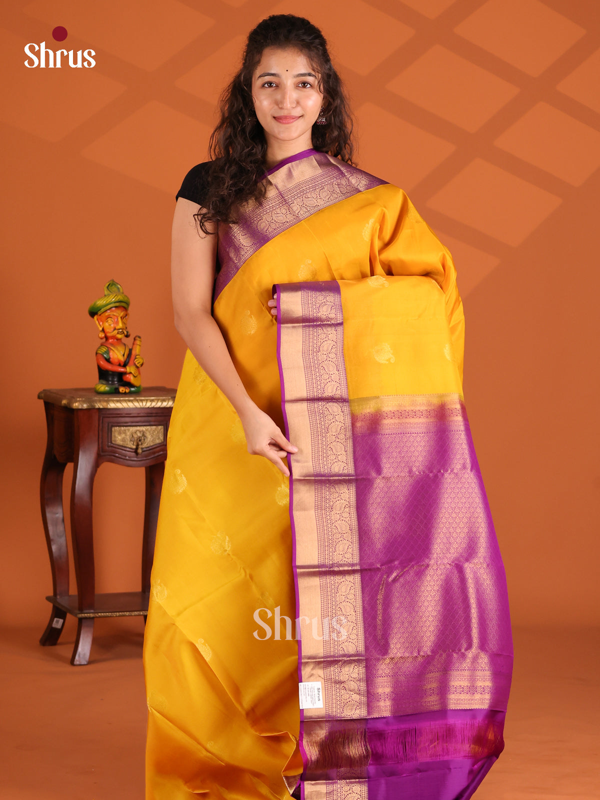 Mustard & Purple- Kanchipuram-halfpure Saree - Shop on Shrus.com