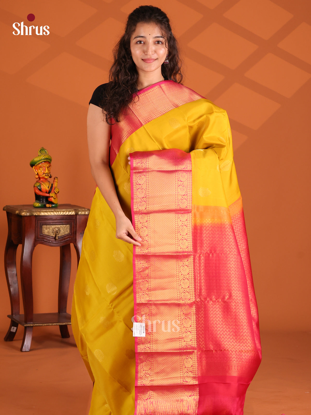 Mustard & Pink - Kanchipuram-halfpure Saree