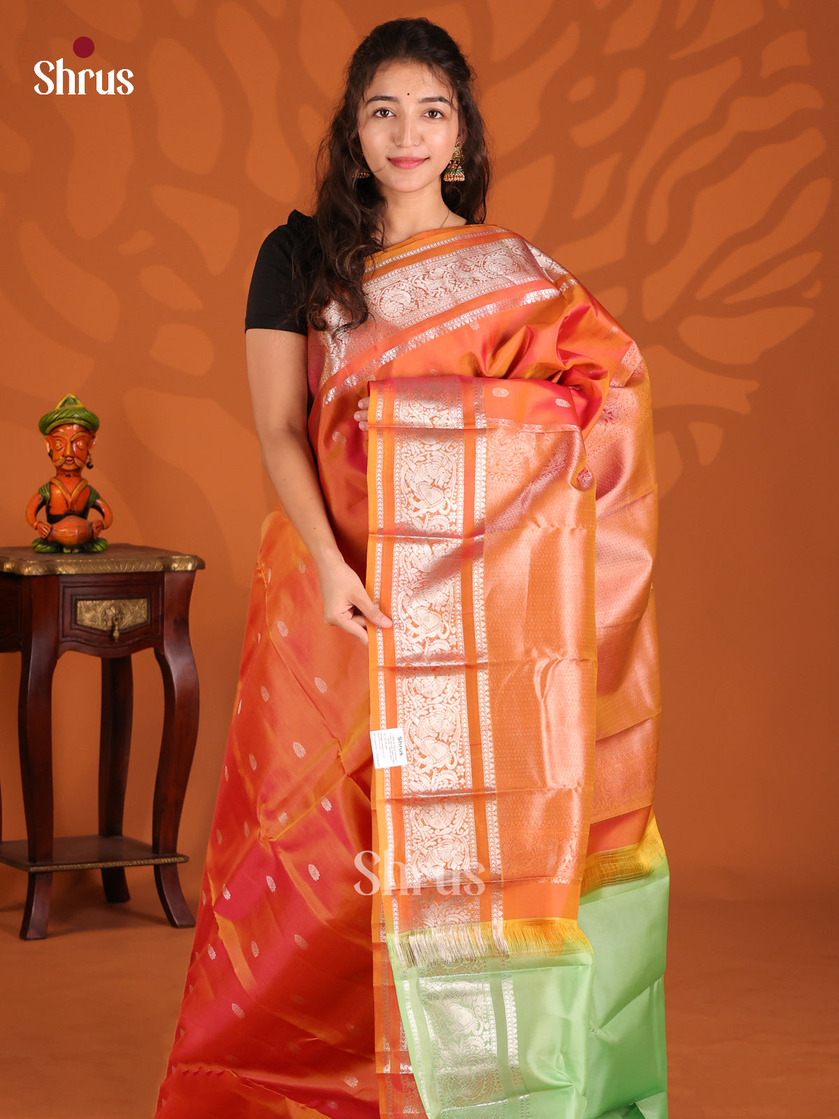 Orange & Pista Green - Kanchipuram-halfpure Saree