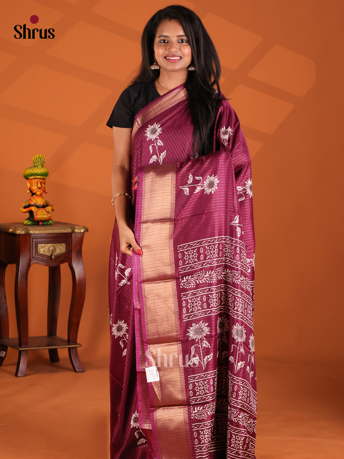 Wine - Semi Crepe Saree - Shop on Shrus.com