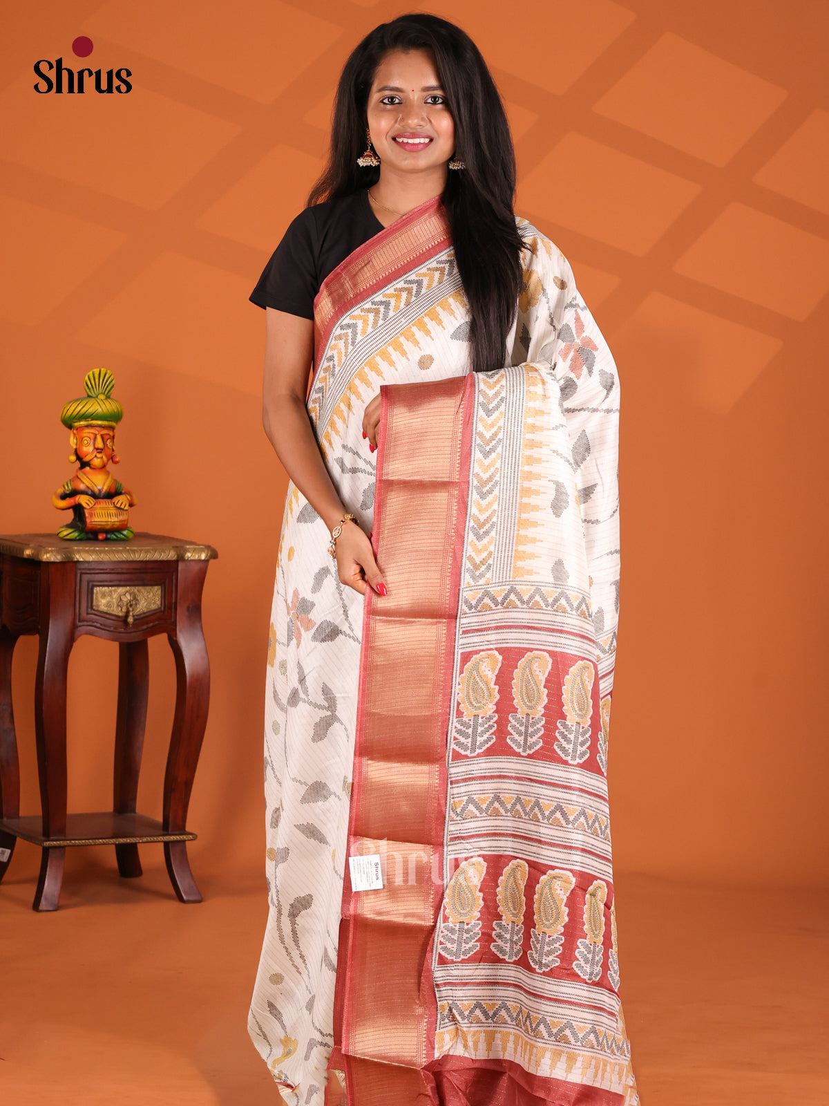 Cream & Brown - Semi Crepe Saree