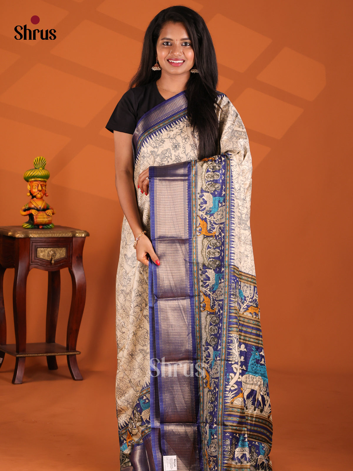Cream & Blue - Semi Crepe Saree