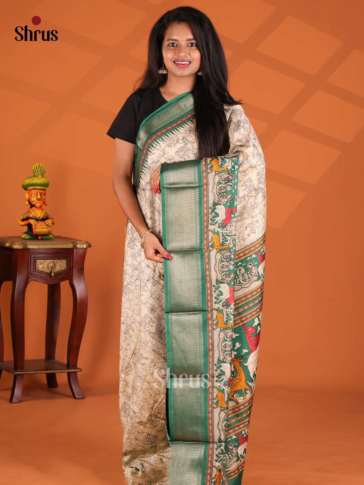 Cream & Green - Semi Crepe Saree