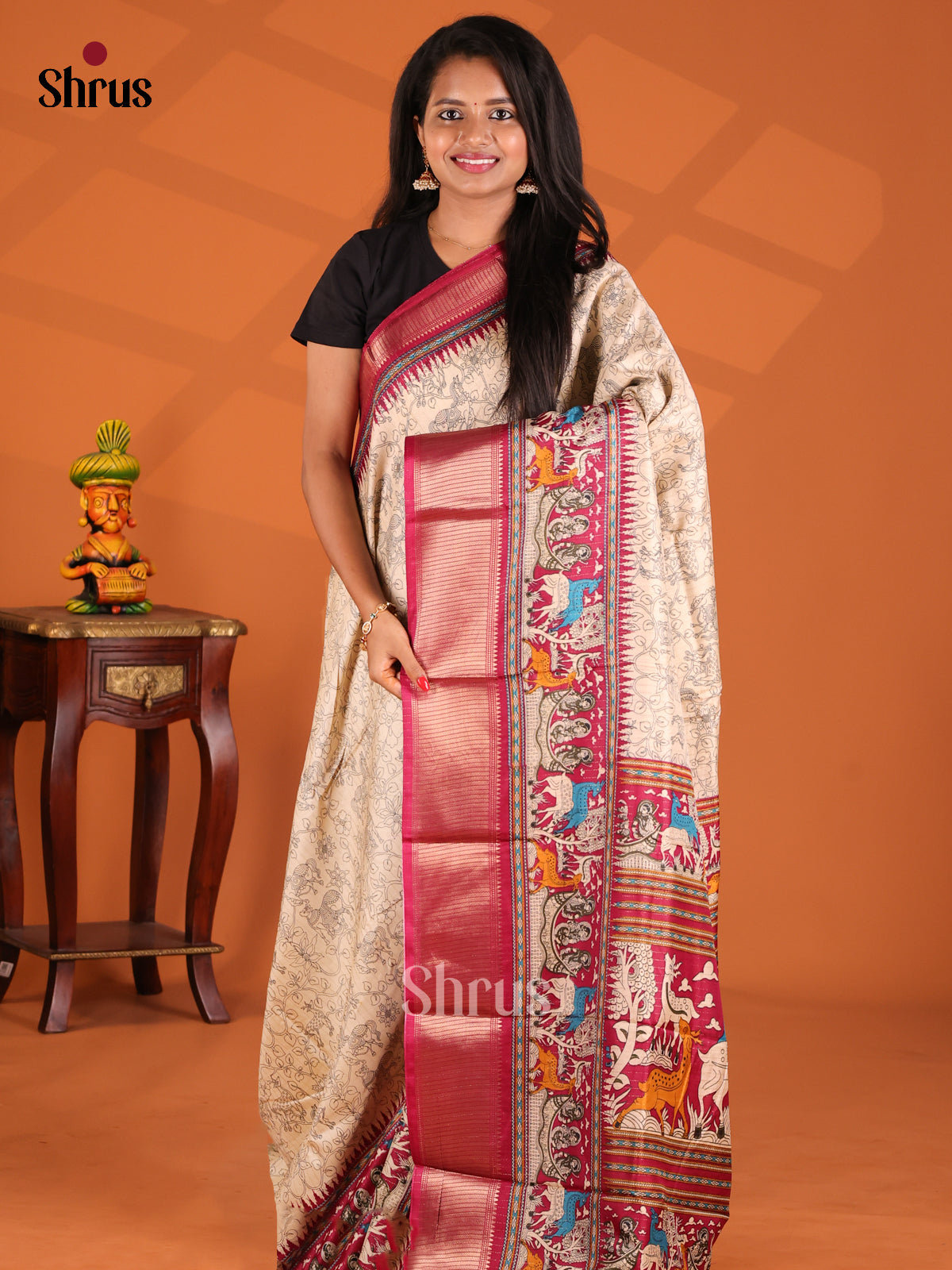 Cream & Red- Semi Crepe Saree