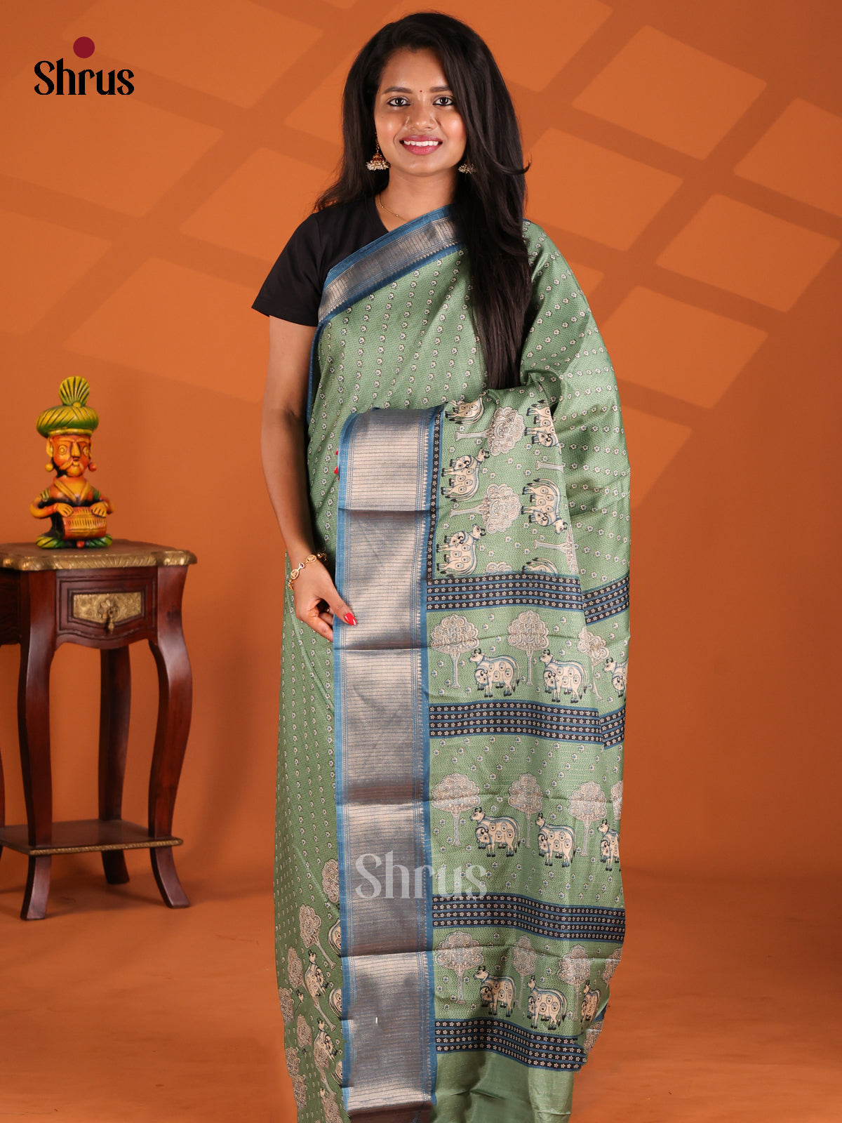 Green & Blue - Semi Crepe Saree - Shop on Shrus.com