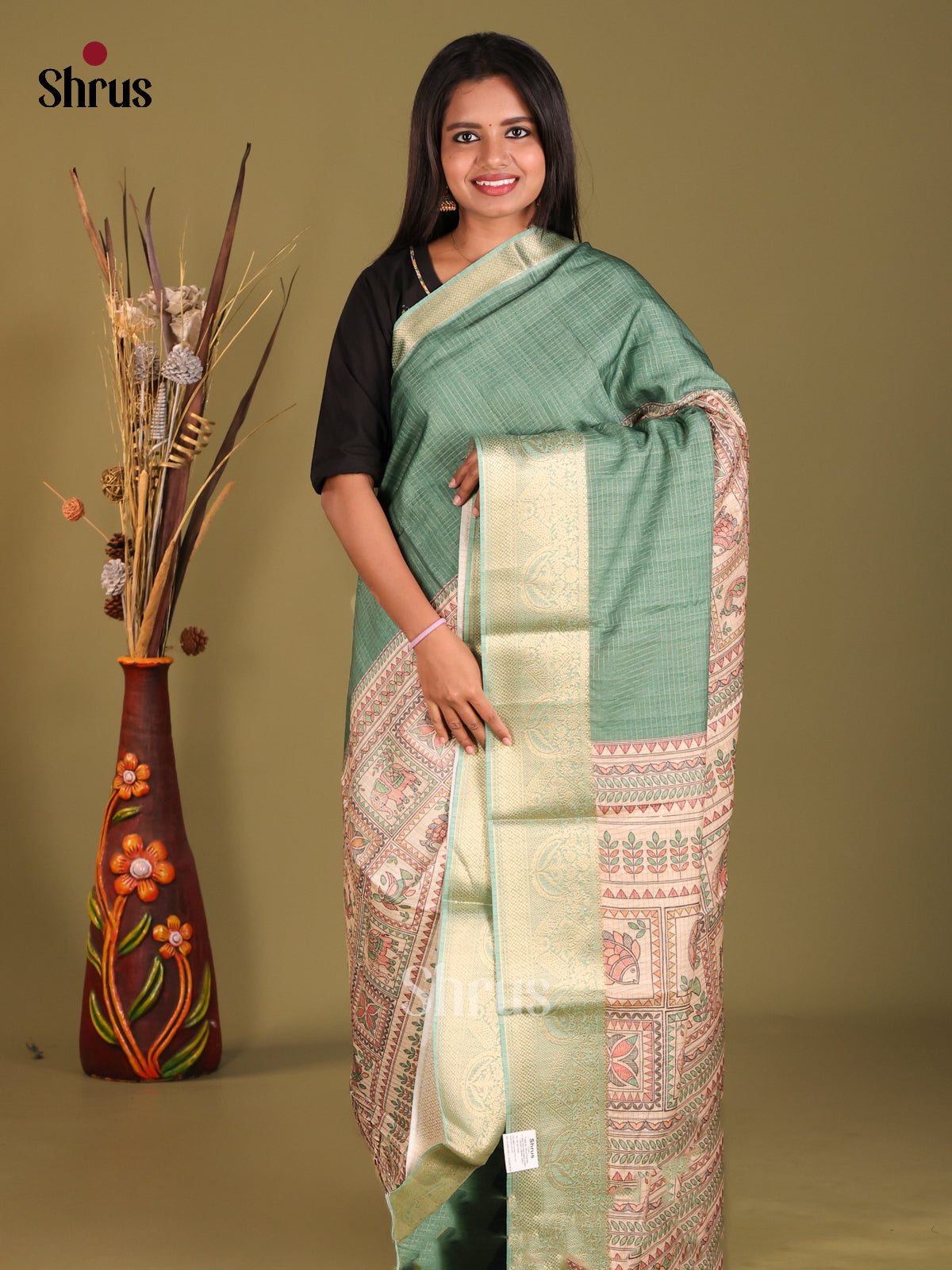 Cream & Green- Semi Dola silk Saree