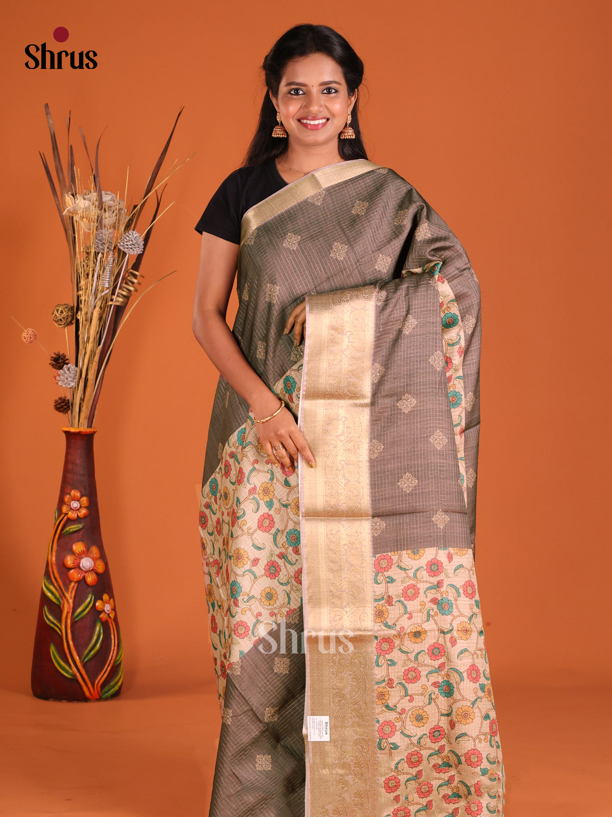 Grey & Cream - Semi Dola silk Saree
