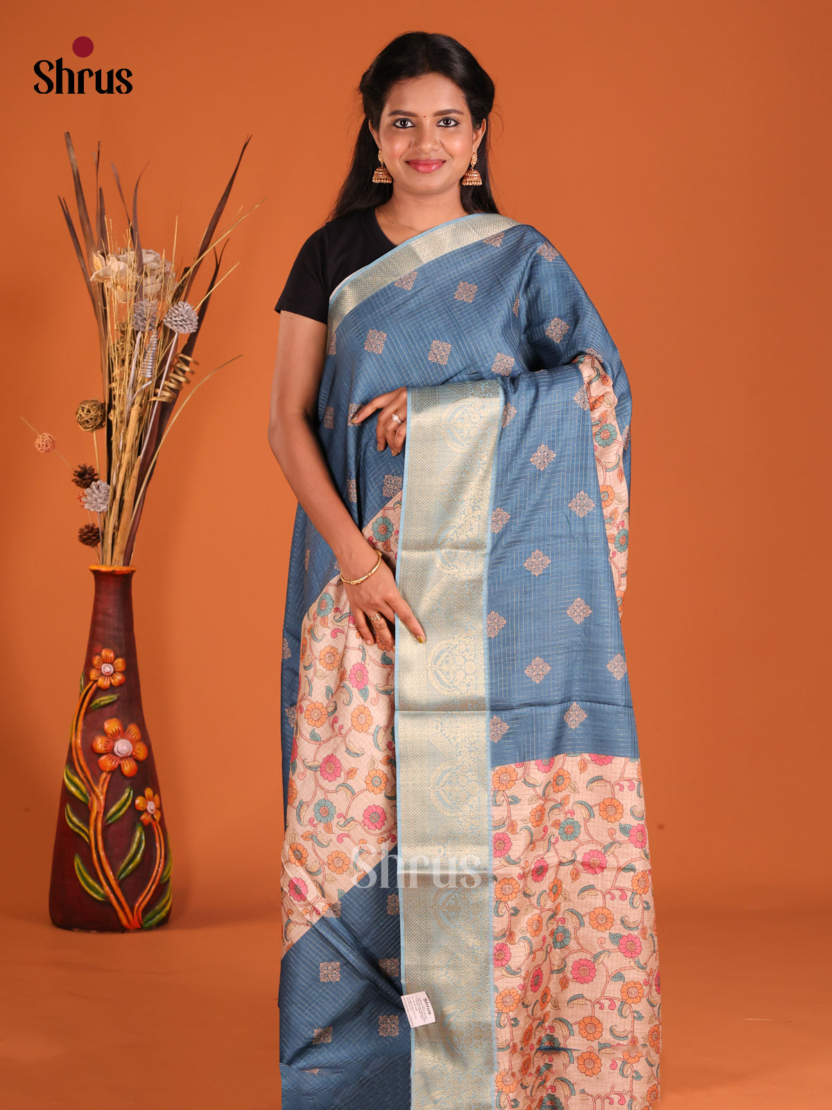 Blue & Dusty Pink - Semi Dola silk Saree