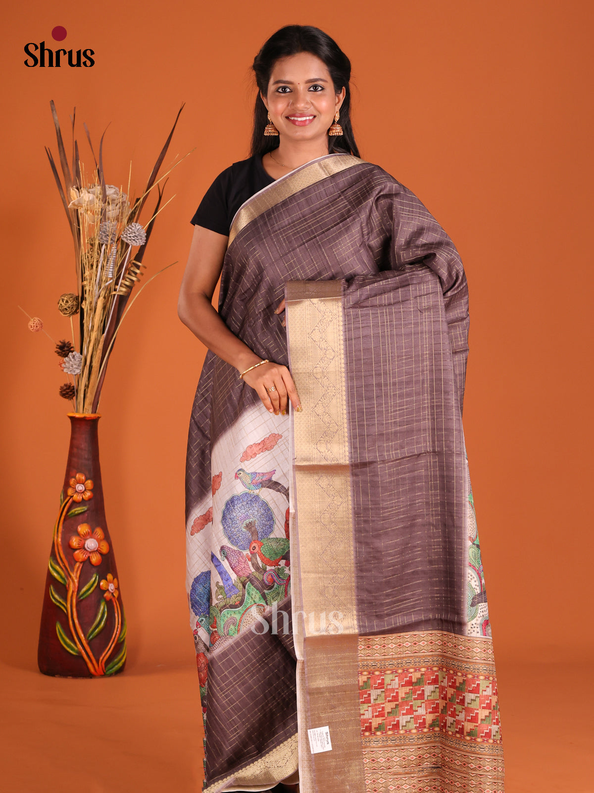 Brown & Cream - Semi Dola silk Saree
