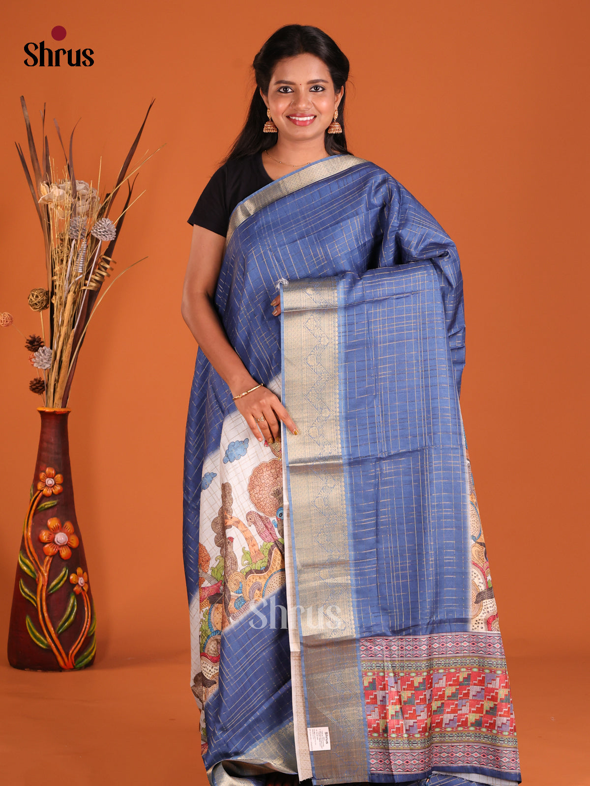 Blue & Cream - Semi Dola silk Saree