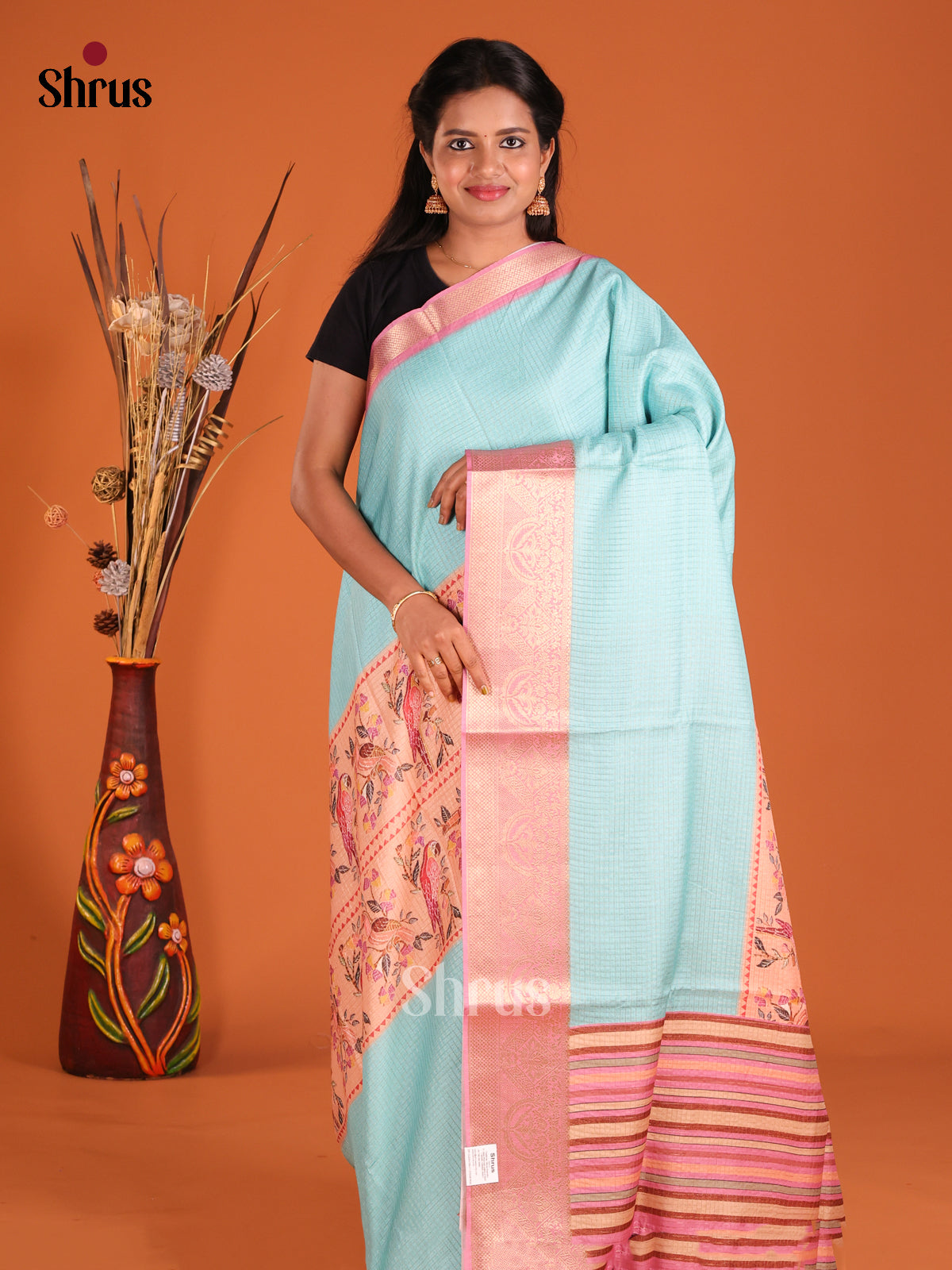 Pink & Pastel Blue - Semi Dola silk Saree
