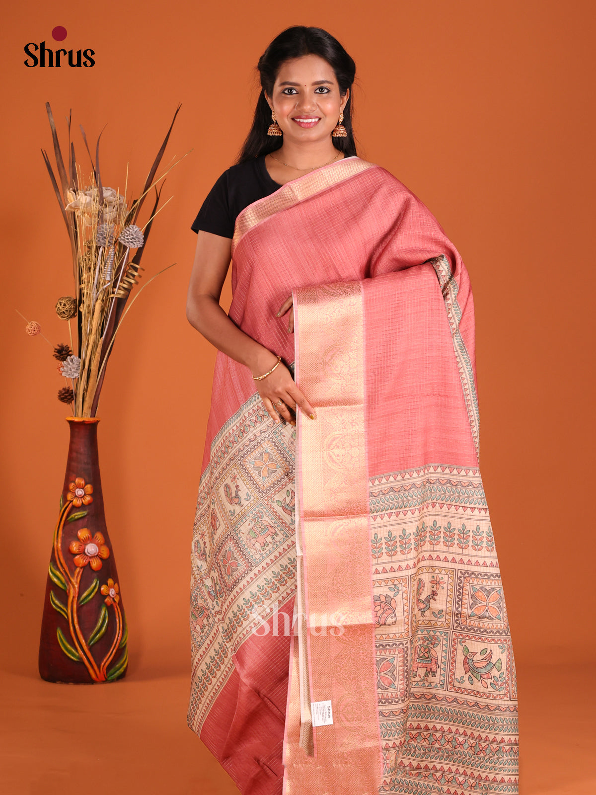 Cream & Pink - Semi Dola silk Saree