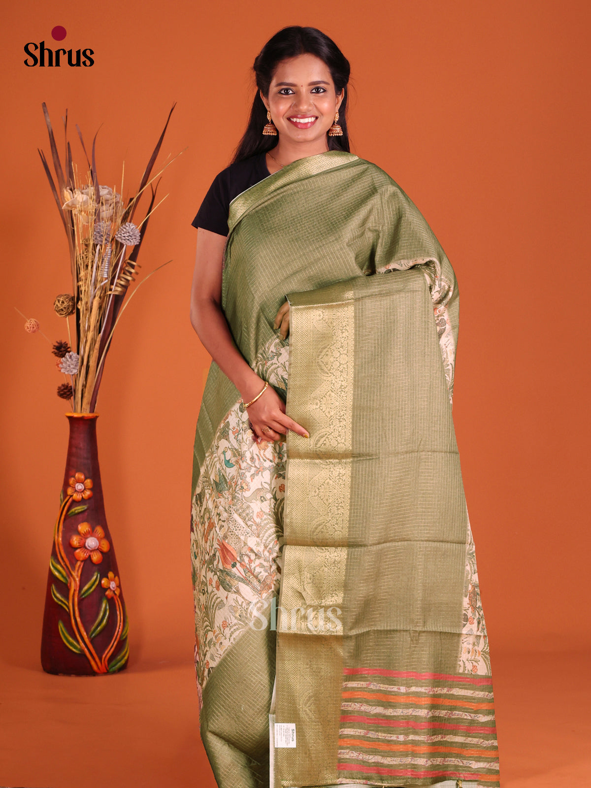 Cream & Green - Semi Dola silk Saree