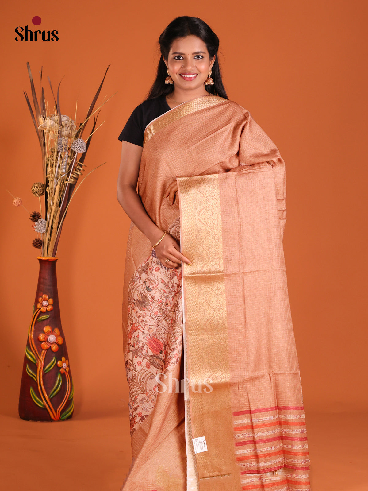 Cream & Lite Brown - Semi Dola silk Saree