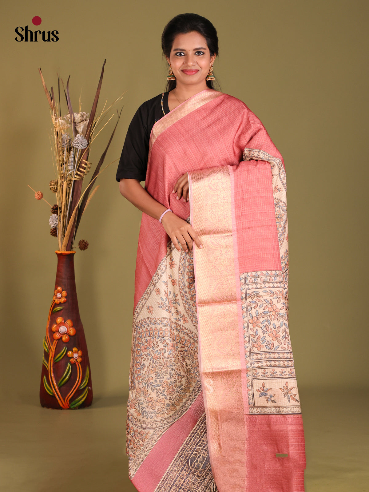 Pink & Cream - Semi Dola silk Saree - Shop on Shrus.com