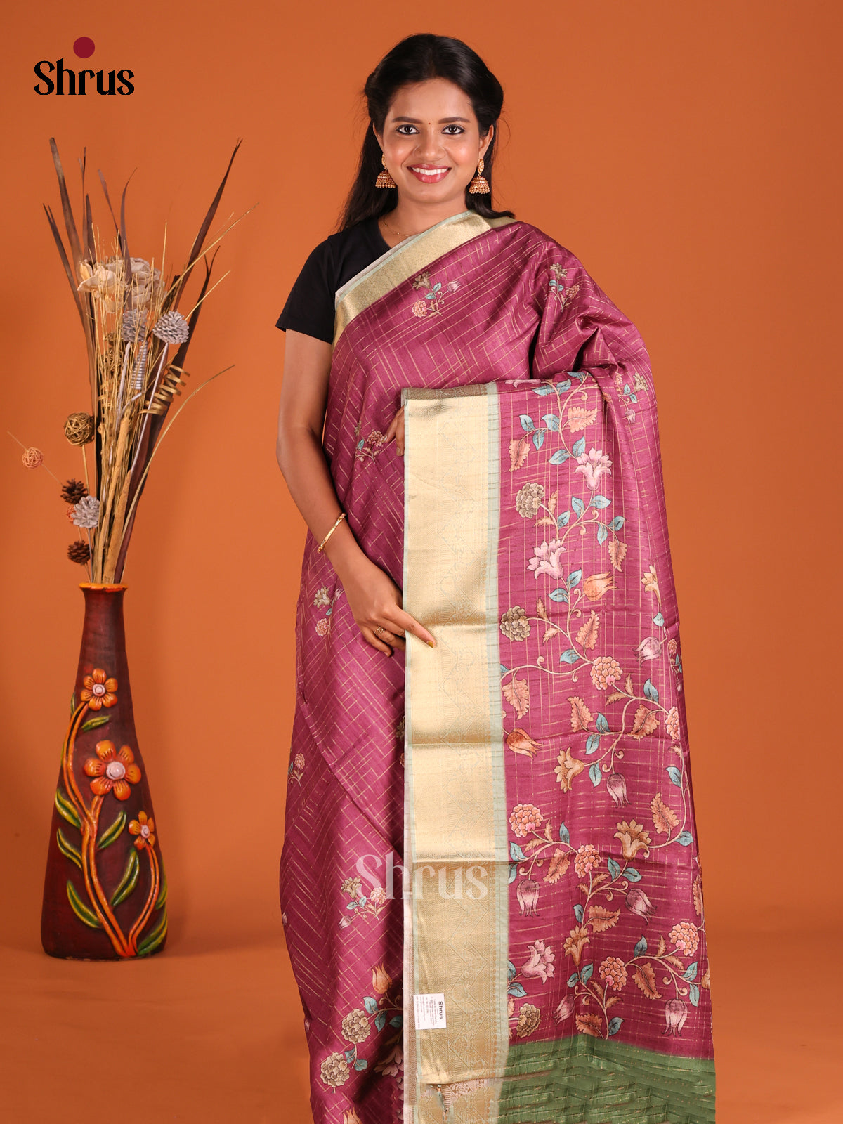 Maroon & Green - Semi Dola silk Saree - Shop on Shrus.com