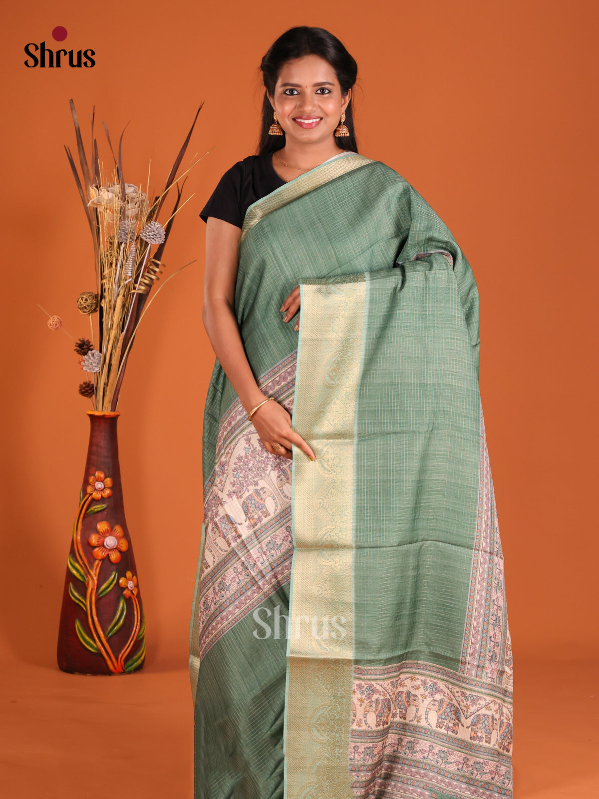 Green & Cream- Semi Dola silk Saree - Shop on Shrus.com