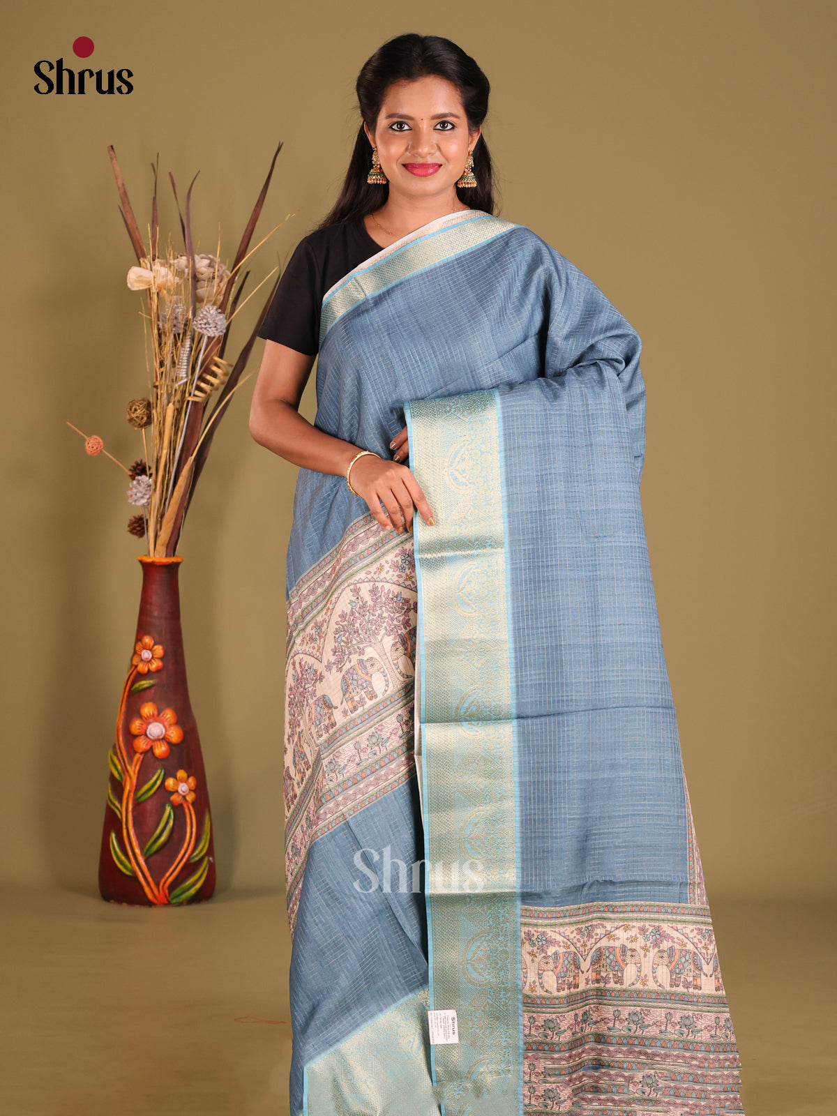 Blue & Cream - Semi Dola silk Saree