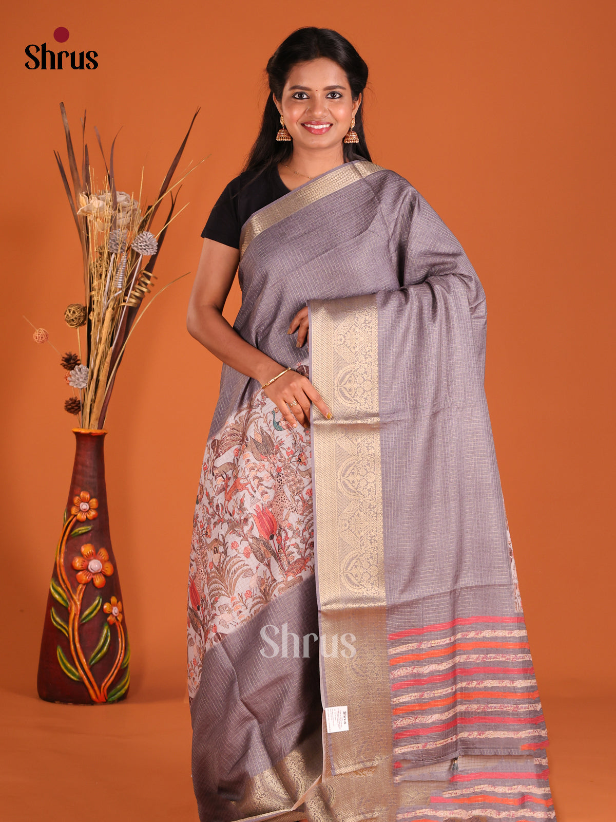 Grey & Cream - Semi Dola silk Saree