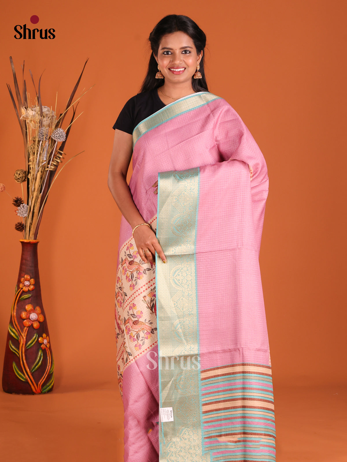 Pink & blue- Semi Dola silk Saree - Shop on Shrus.com