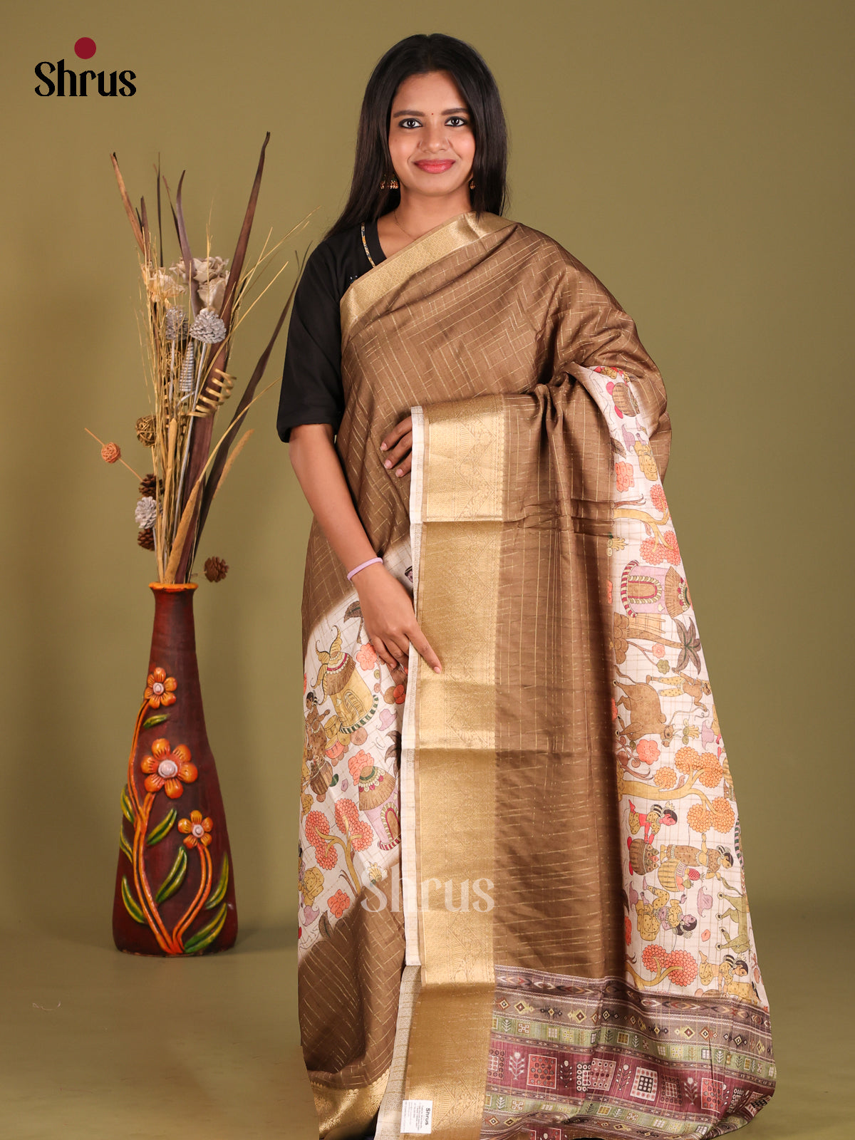 Brown & Cream - Semi Dola silk Saree