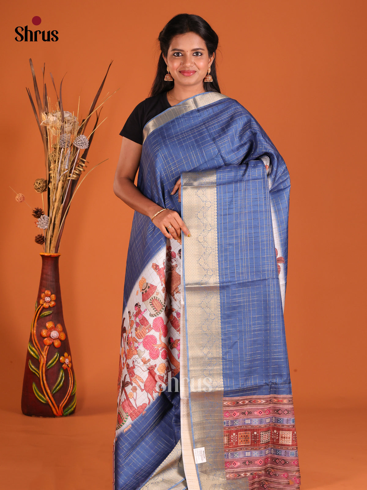 Blue & Cream - Semi Dola silk Saree