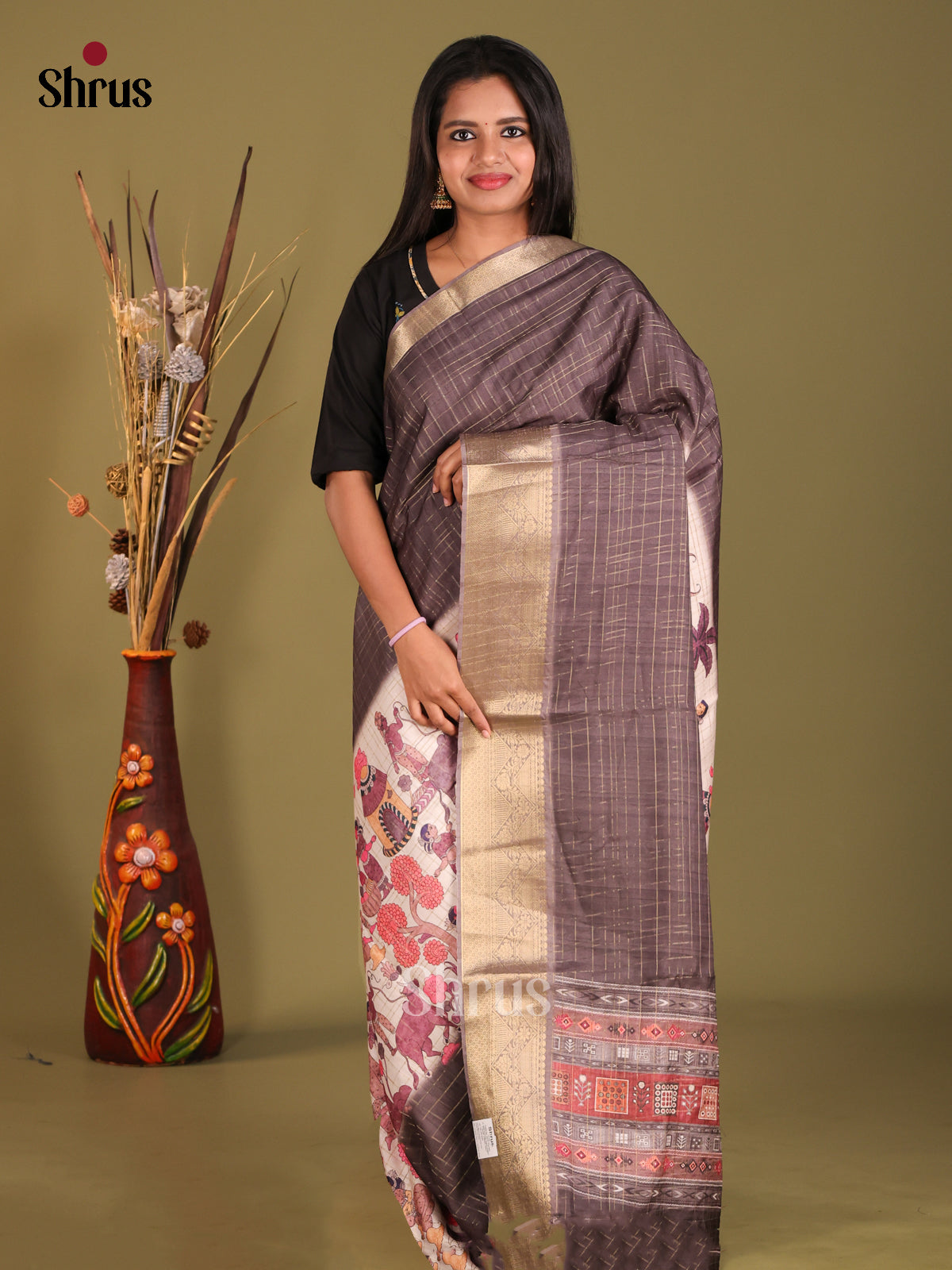 Brown & Cream - Semi Dola silk Saree