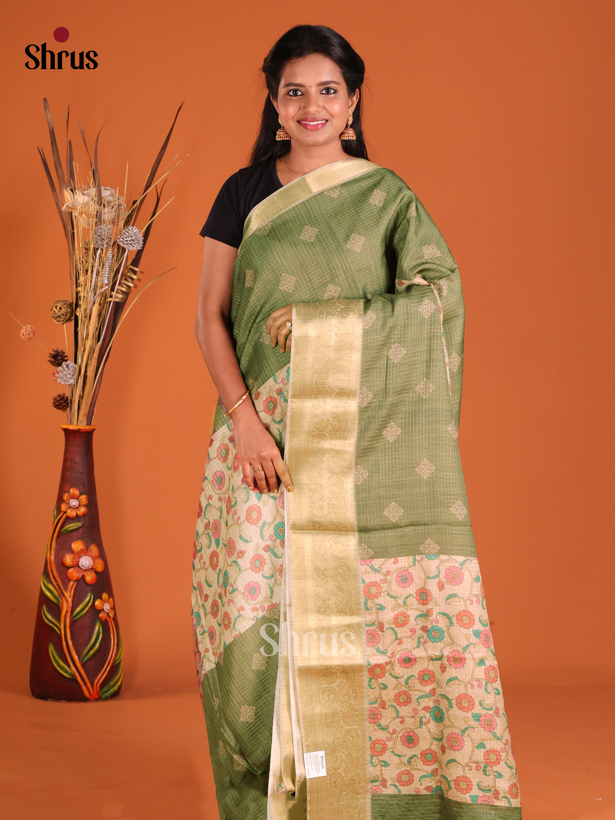 Green & Cream - Semi Dola silk Saree - Shop on Shrus.com