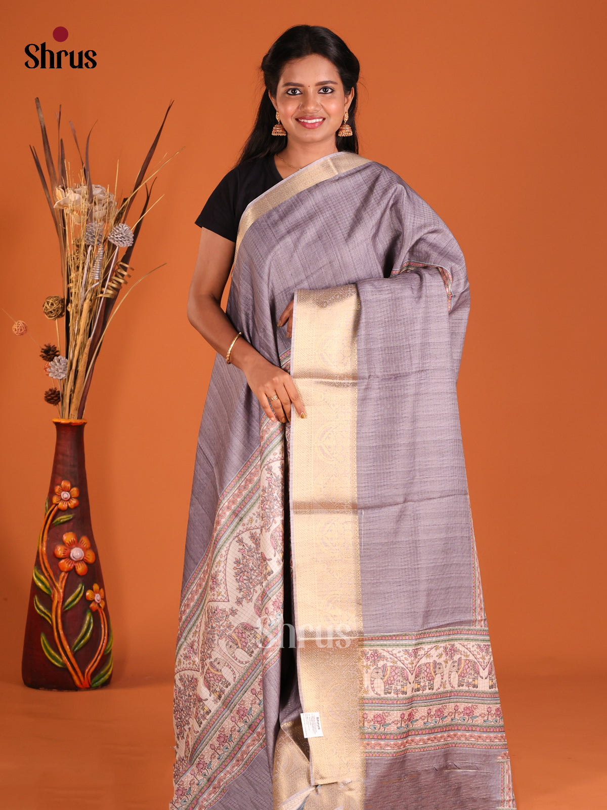 Grey & Cream - Semi Dola silk Saree - Shop on Shrus.com