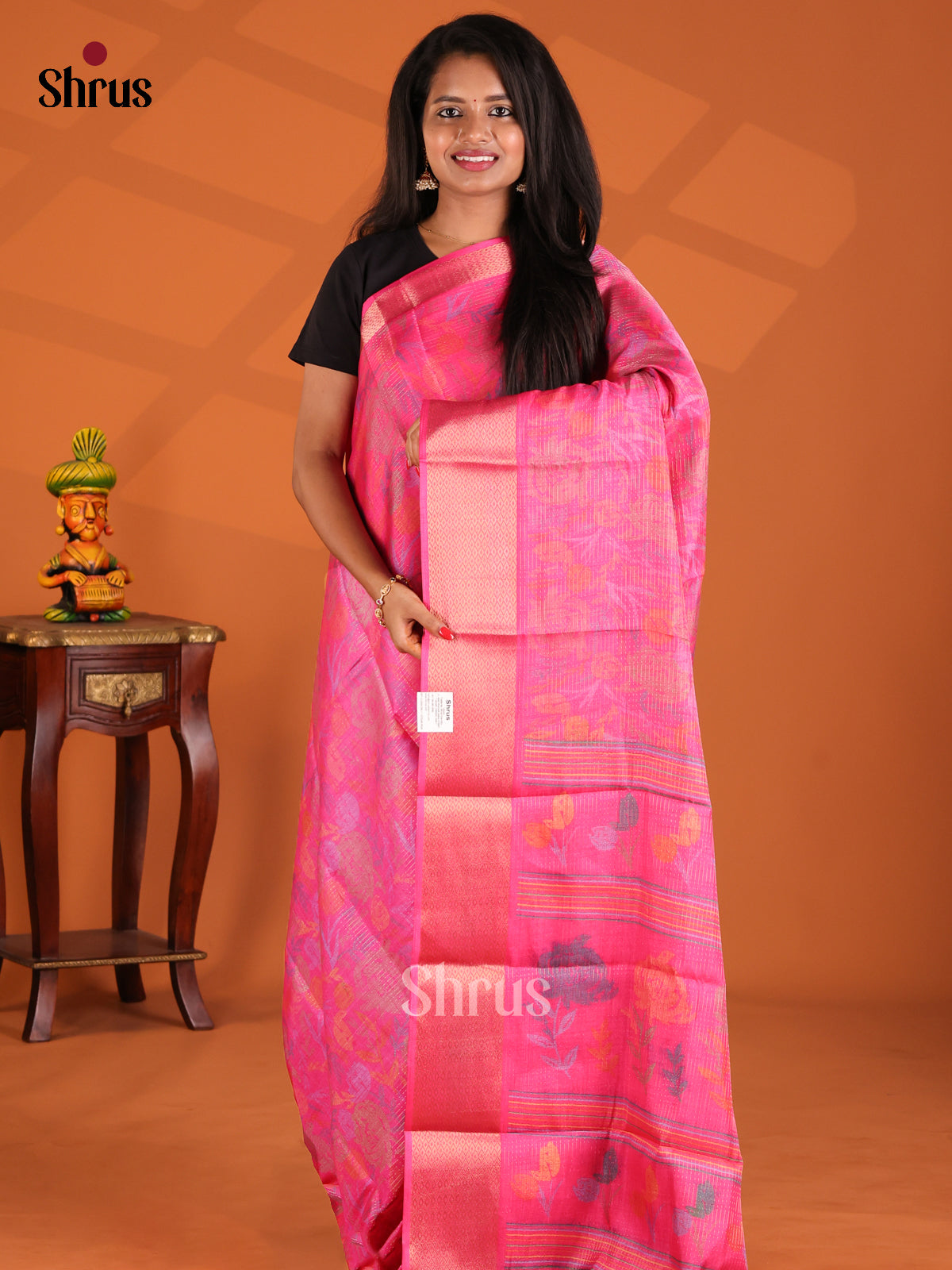 Pink- Semi Crepe Saree - Shop on Shrus.com