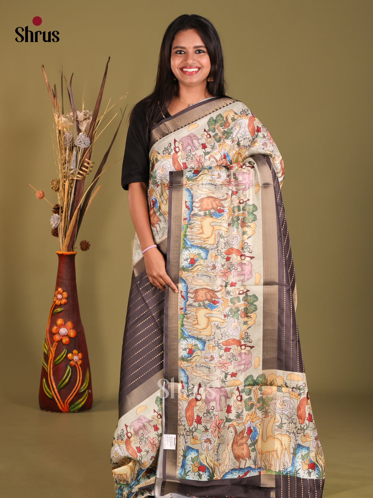 Brown & Cream - Semi Dola silk Saree
