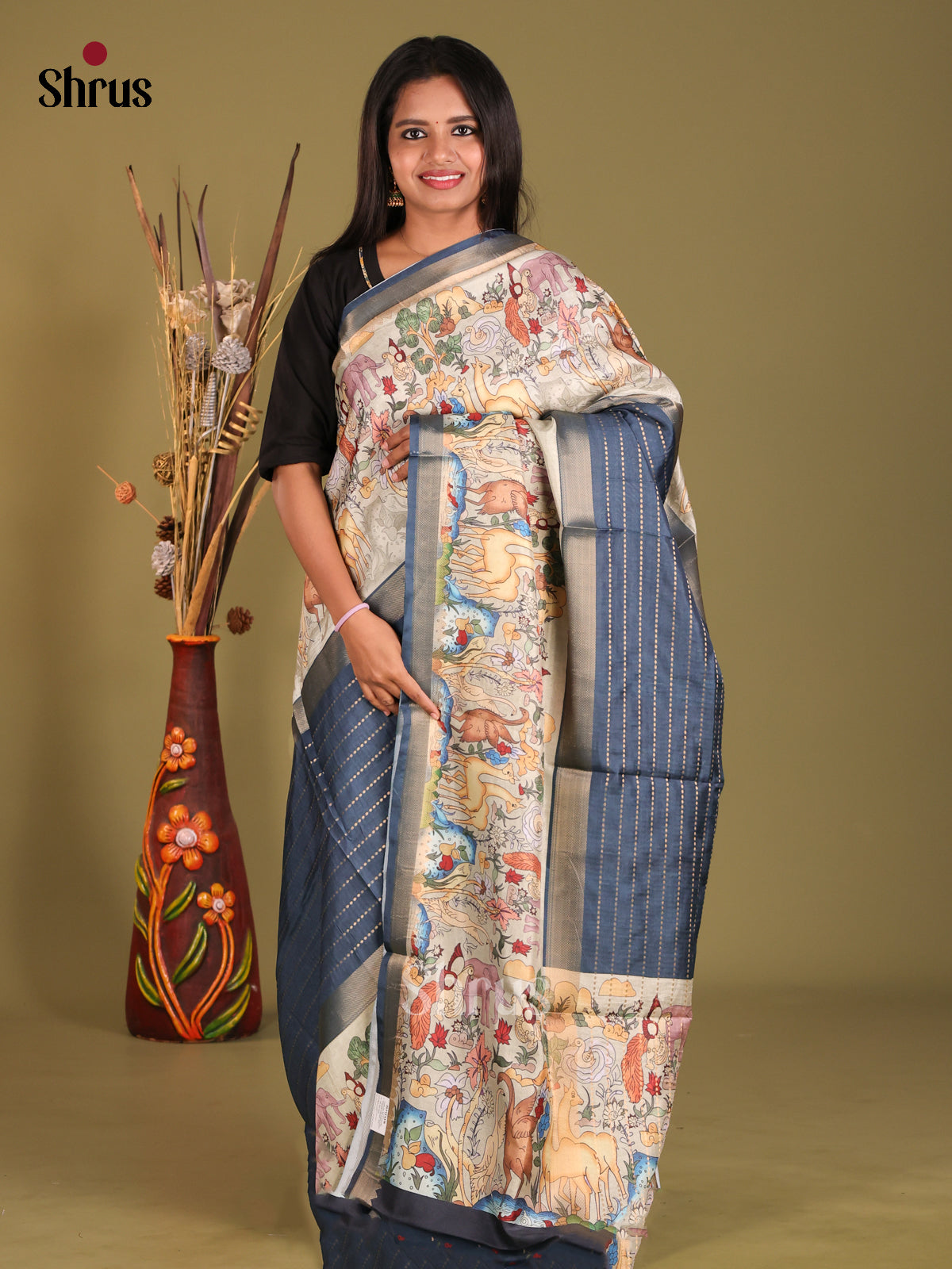 Blue & Cream - Semi Dola silk Saree