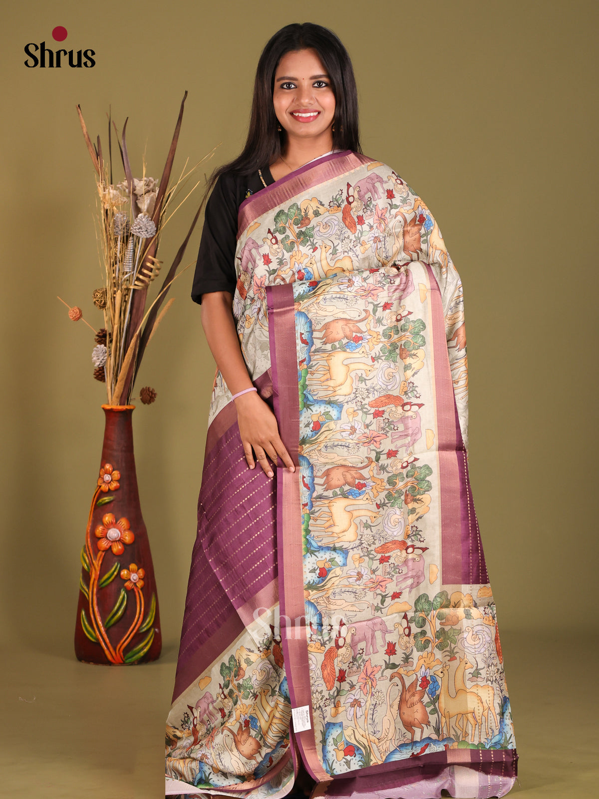 Purple & Cream - Semi Dola silk Saree - Shop on Shrus.com