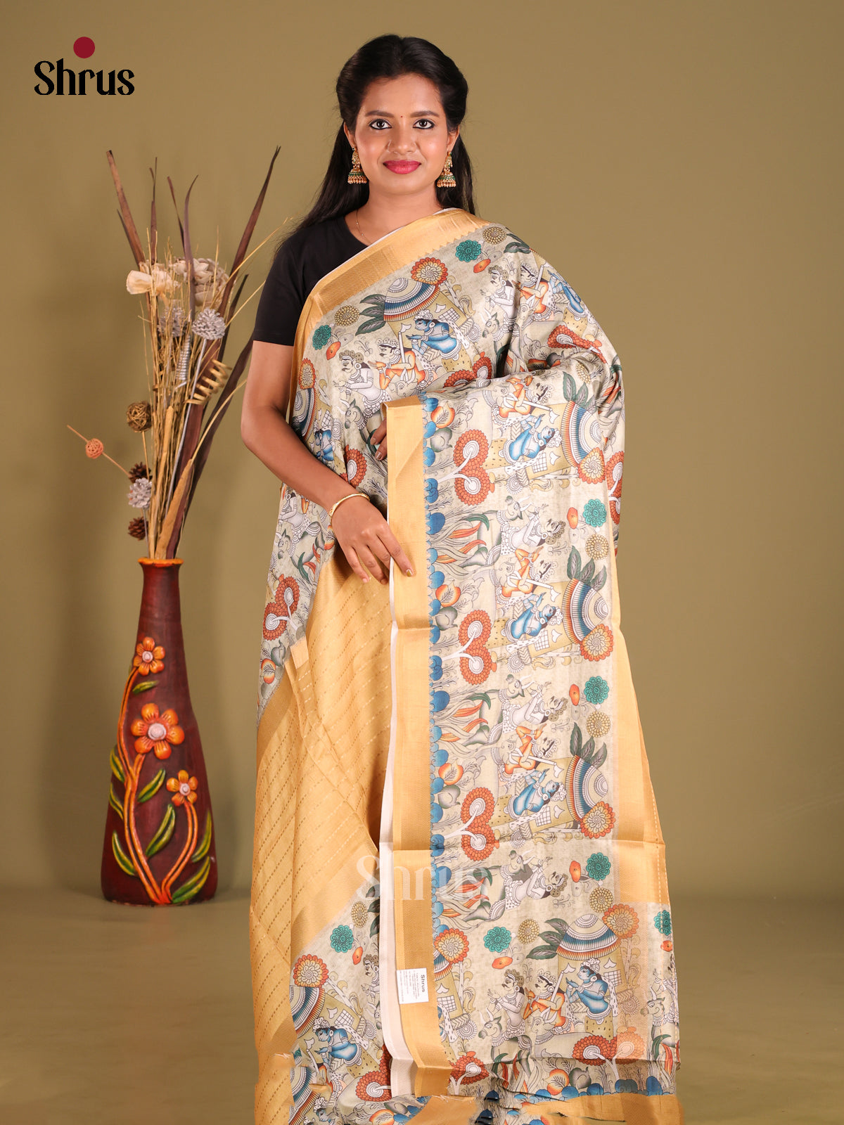 Sandal & Cream- Semi Dola silk Saree - Shop on Shrus.com