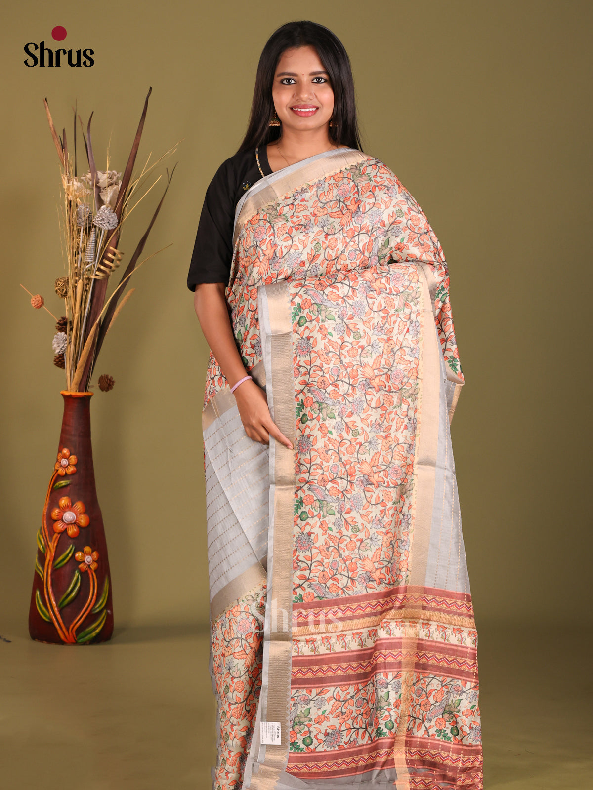 Cream & Grey - Semi Dola silk Saree