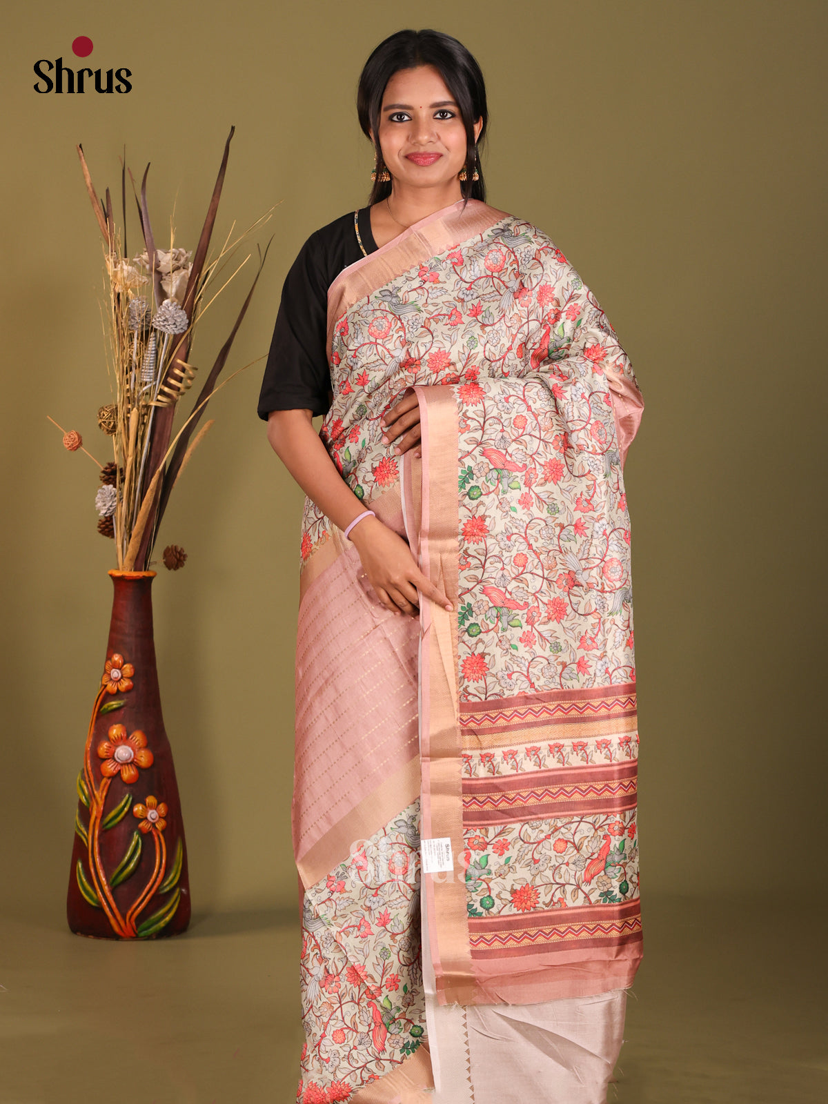 Cream & Pink- Semi Dola silk Saree - Shop on Shrus.com